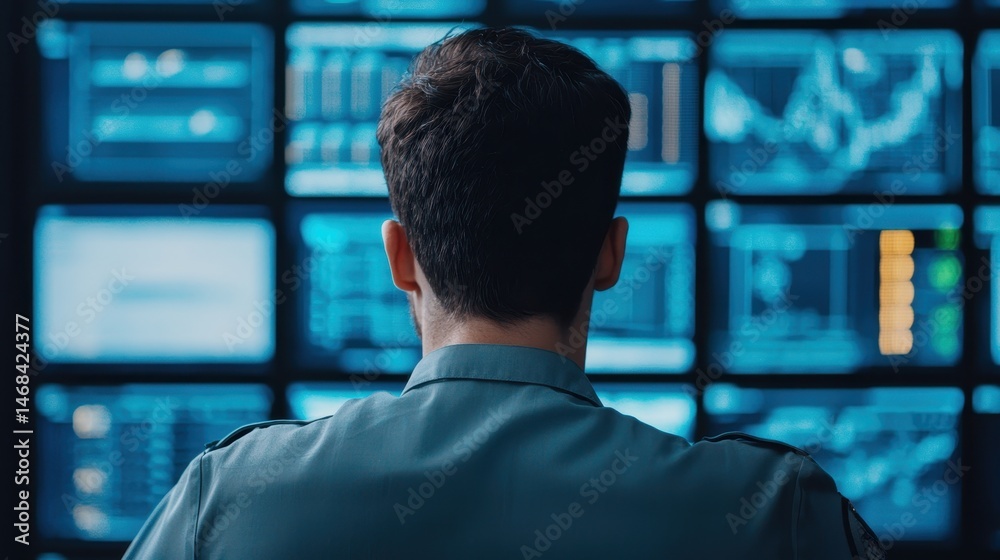 Poster a person monitors multiple data screens displaying graphs and analytics in a dark control room envir