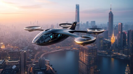 Autonomous Air Taxi Soaring Over Cityscape at Dawn