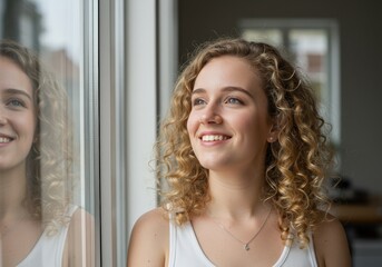 A young woman with curly blonde hair smiles while looking out a bright window.
