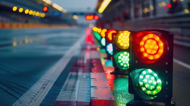 A captivating close-up view of illuminated lights signaling the start on an empty F1 track, capturing the anticipation and vibrant energy of racing.