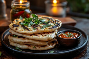 Stack of naan bread garnished with fresh cilantro and served with spicy chutney looks delectable
