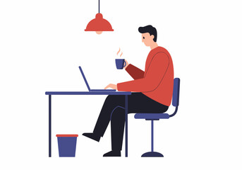 Man Working At Desk With Laptop and Coffee