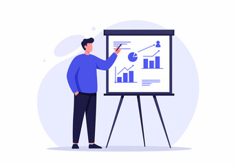 Man Explaining Data Analysis on Flip Chart Illustration