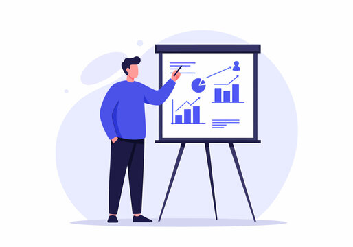Man Explaining Data Analysis on Flip Chart Illustration