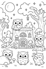 Cute Owl Forest Scene with Tree Stump House Coloring Page