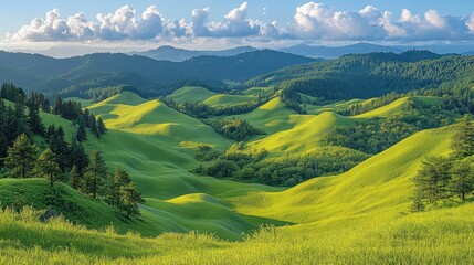 Fototapeta premium Scenic valley landscape with rolling hills and forests.