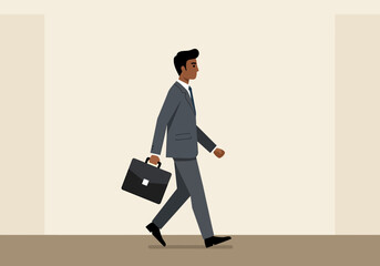 Flat vector illustration of confident businessman walking in office hallway holding briefcase while wearing formal suit. 