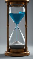 The passage of time: Golden hourglass with blue liquid and sand, lack of clean water
The concept: caring for water, the passage of time, time running out
