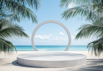 A serene beach scene featuring a circular stage surrounded by palm trees. with gentle waves lapping at the shore and a bright blue sky. ideal for outdoor events or photo shoots