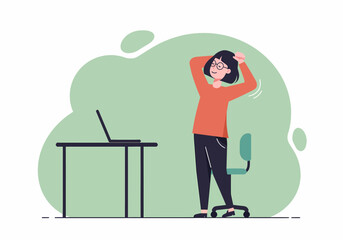 Flat vector illustration of office worker stretching arms while sitting at desk in front of computer monitor to relax after working