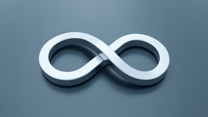 Infinity symbol chrome material on dark blue background. Top view. Concept of imagination, inspiration, technology, endless future. Futuristic style. Clipping path. 3D Illustration.