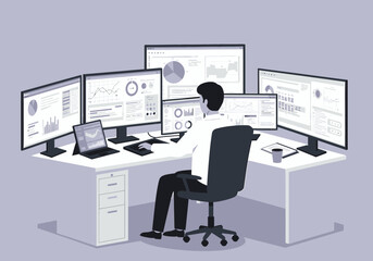 Man Monitoring Data Analytics on Multiple Computer Screens
