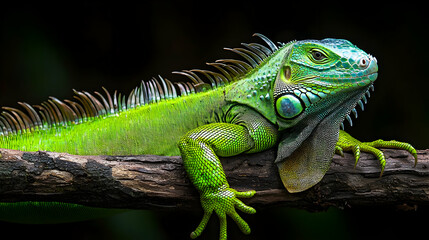 Obraz premium Vibrant Green Iguana On Branch Against Dark Background
