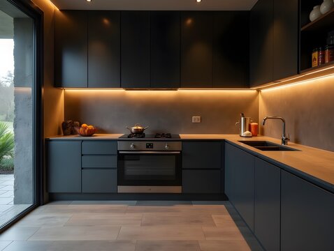 Modern kitchen design features sleek home textures and warm lighting, inviting atmosphere. This stylish kitchen showcases minimalist design with dark cabinetry, modern sink, elegant cooking space