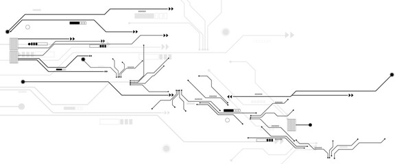 Vector black and white circuit electronic or electrical line with circle engineering technology.