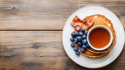 Traditional canadian breakfast with pancakes, bacon, blueberries, and maple syrup on wooden table