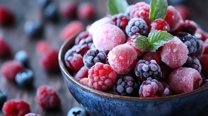 Assortment of frozen mixed berries in a rustic ceramic bowl, presented in close-up detailed photography