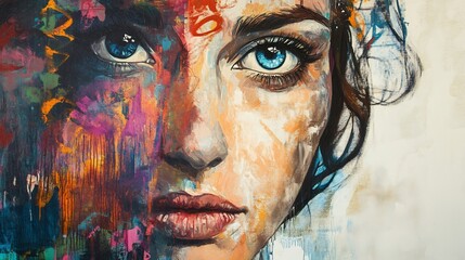 Abstract Woman Portrait: Vibrant Hues and Expressive Gaze
