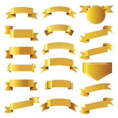 A variety of fifteen shiny gold banners, ribbons, and labels in different shapes and sizes on a white background.
