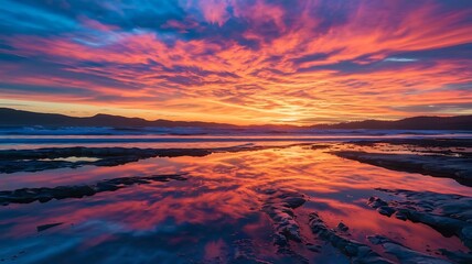 Obraz premium A vibrant sunset reflecting on the wet sand of a beach with distant mountains and colorful clouds