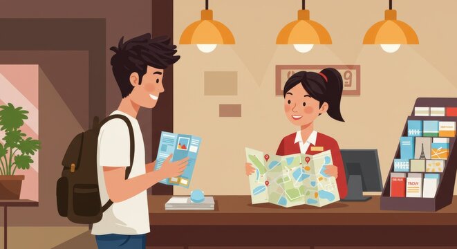 Illustrative Tourist Interaction at Hotel Reception with Informational Resources