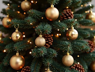 Elegant Christmas Tree with Golden Baubles and Pine Cones Decoration