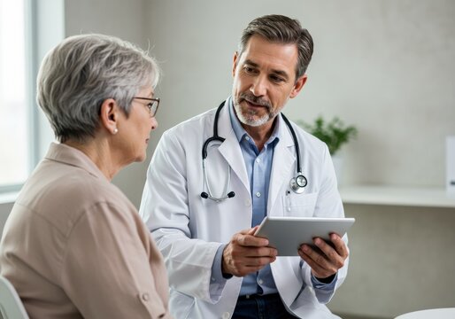 A doctor is consulting with his elderly patient by showing her information on a tablet in a clinical setting.