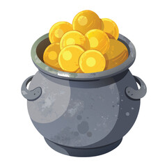 A watercolor painting of a gray pot filled with golden coins on a white background.