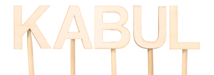 Kabul, capital of Afghanistan, written in wood letters on white background, sober design ideal for geopolitics and culture topics