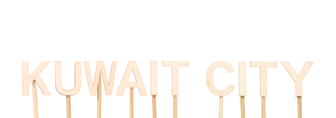 Kuwait City, capital of Kuwait, represented in clear wooden letters on a white background, informative style