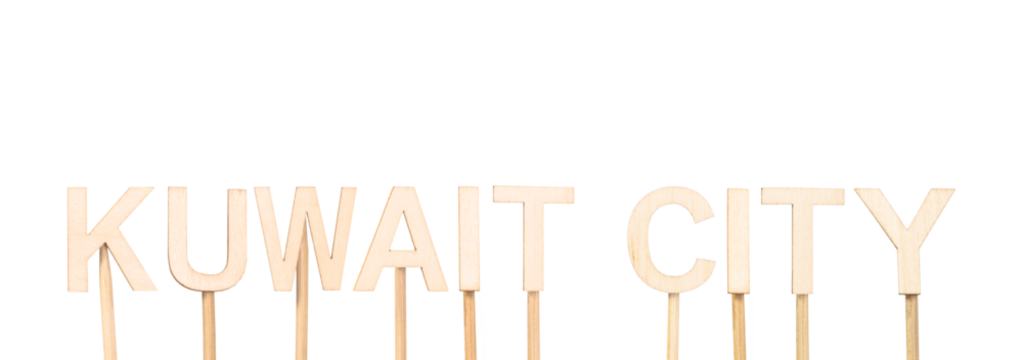 Kuwait City, capital of Kuwait, represented in clear wooden letters on a white background, informative style