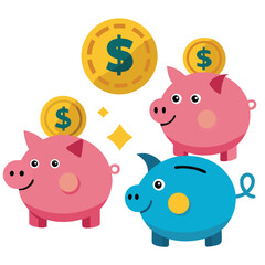 Three depictions of a piggy bank receiving a dollar coin on a white background.
