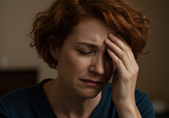 Close-up shot of a woman with red hair touching her forehead, conveying a sense of sadness.