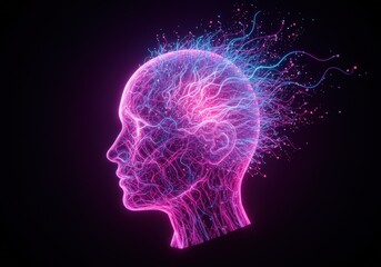 Obraz premium A neon-lit human head profile with a network of glowing neural connections, symbolizing thought.
