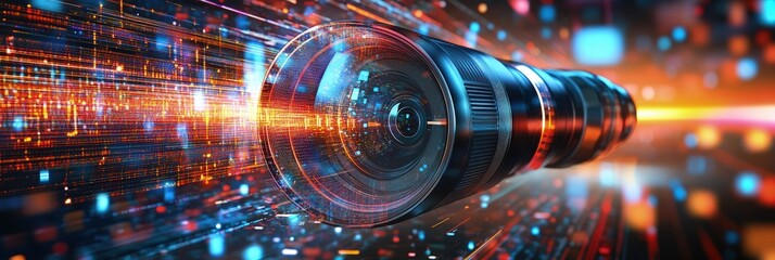 Futuristic camera lens embedded in digital data stream