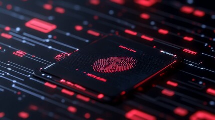 A glowing red fingerprint displayed on a dark, techy circuit board