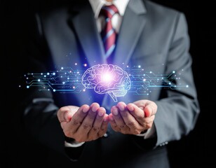 A digital brain floating in the palm of a businessman in a suit. Expressing the fusion of business and AI/スーツ姿のビジネスマンの手のひらに浮かぶデジタル脳。ビジネスとAIの融合を表現