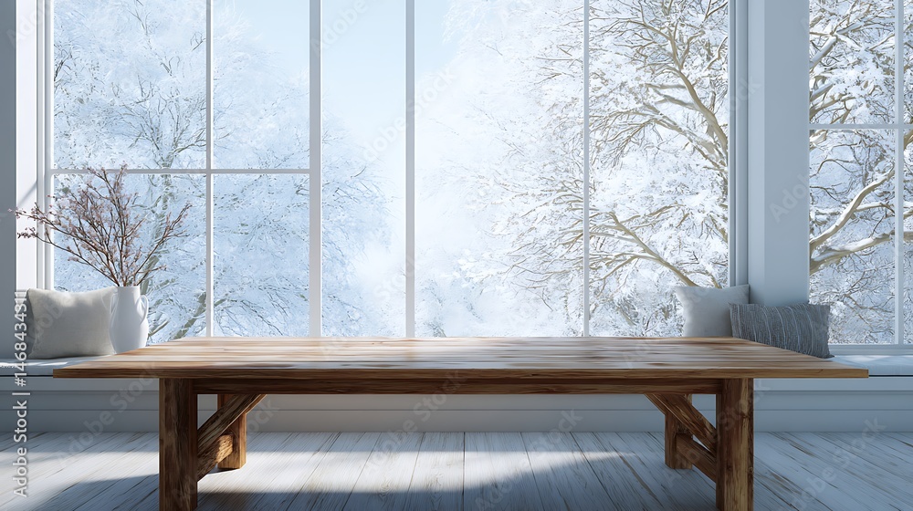 Leinwandbilder beautiful large table and window with copy space and winter nature view