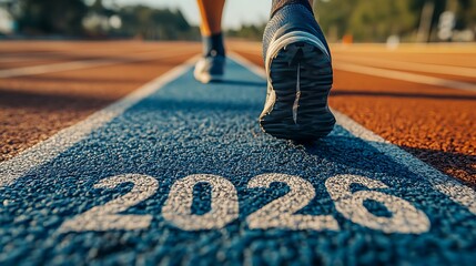 Runner on Track with 2026 Marking, Close-up of a runner's legs and orange shoes on a track with 2026 marking