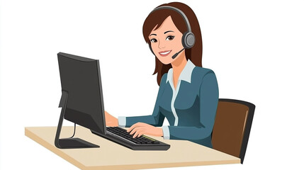 Illustration of Customer Service Representative at Desk. An illustrated woman with headset working at a computer, ideal for customer support, call centers, and service websites.