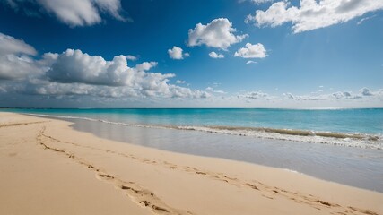 Fototapeta premium Serene Tropical Beach Scene Turquoise Water White Sand Footprints