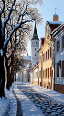 Famous European tourist city streetscape in winter with snow-covered cobblestone road, painted in oil with a distinctive style reminiscent of Leeyongjay, T style.