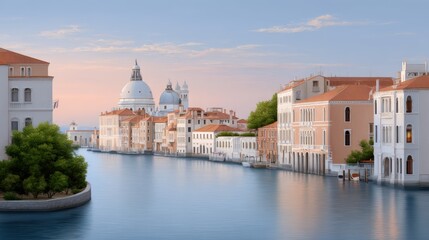 Fototapeta premium Leeyongjay art of Venice shows famous tourist sites with oil paint style, buildings by canal reflecting beautiful sunset in grand Italian landscape.