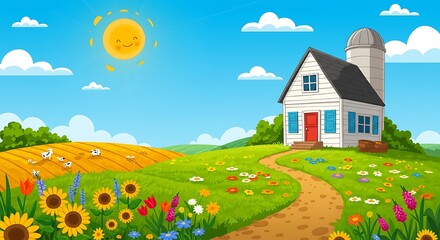 Naklejka premium Cartoon Farm Landscape with House Flowers Cows and Smiling Sun
