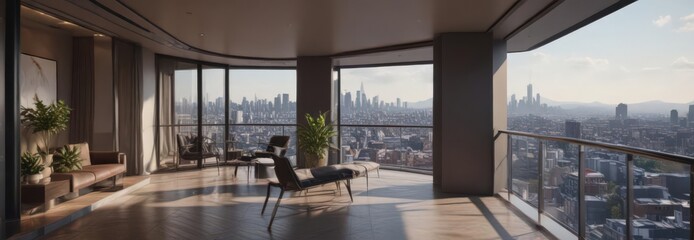 Sleek city-view balcony showcasing luxurious apartment interior ,  windows,  sunlight,  real estate