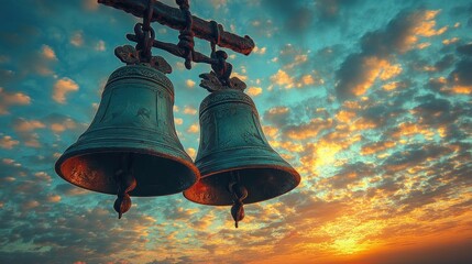Two antique bells against a dramatic sunset sky