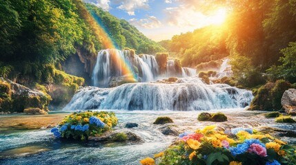 Majestic waterfall cascading into a serene riverbed, adorned with vibrant flowers under a radiant sunset