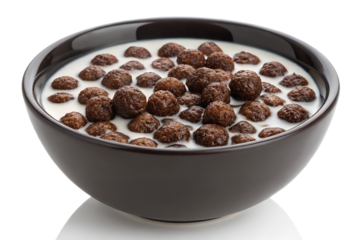 Bowl of chocolate cereal balls with milk for advertising on transparent background


