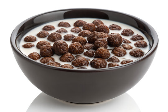 Bowl of chocolate cereal balls with milk for advertising on transparent background


