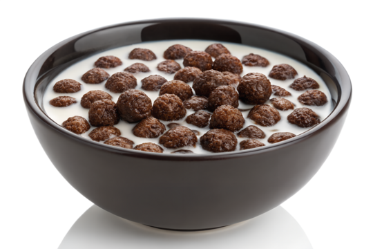 Bowl of chocolate cereal balls with milk for advertising on transparent background

